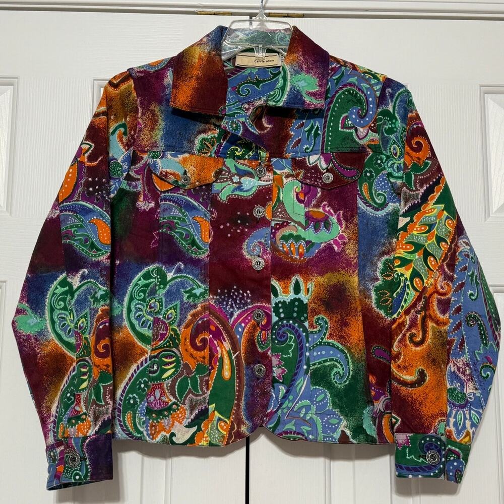Vintage Y2K Carrie Allen Paisley Floral Denim Long Sleeve Jacket, Size 14